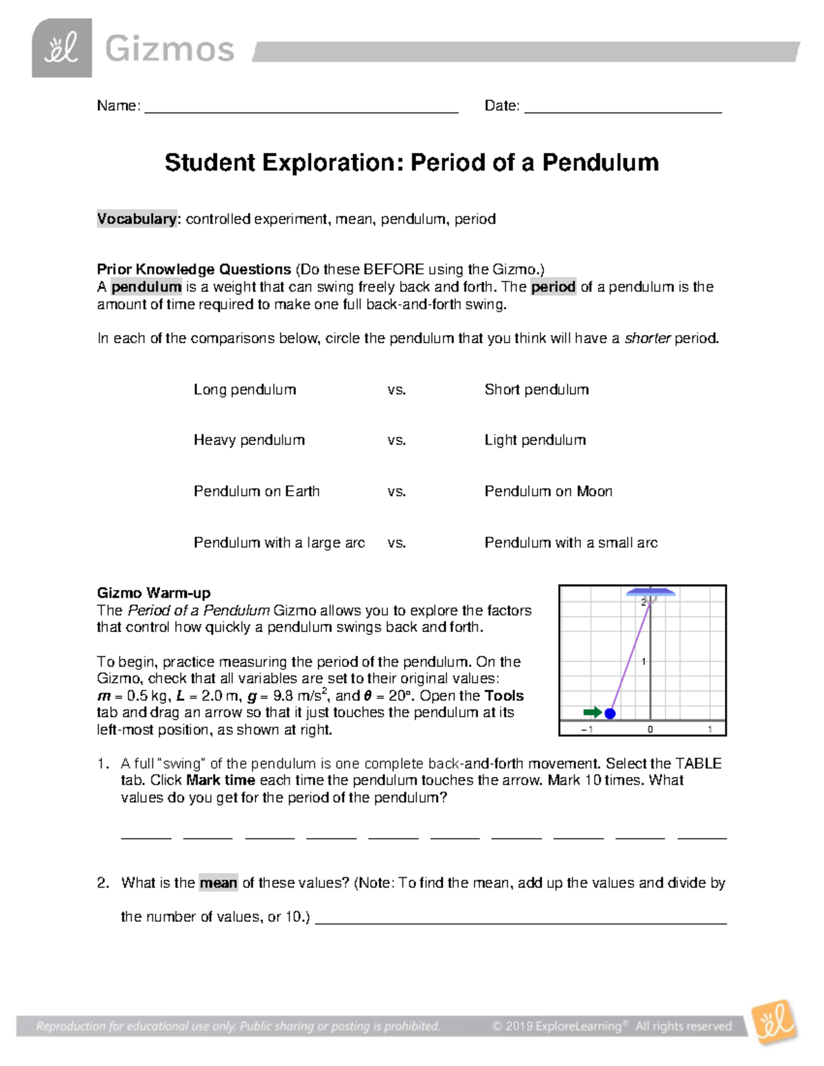 Period of a Pendulum Gizmo Name