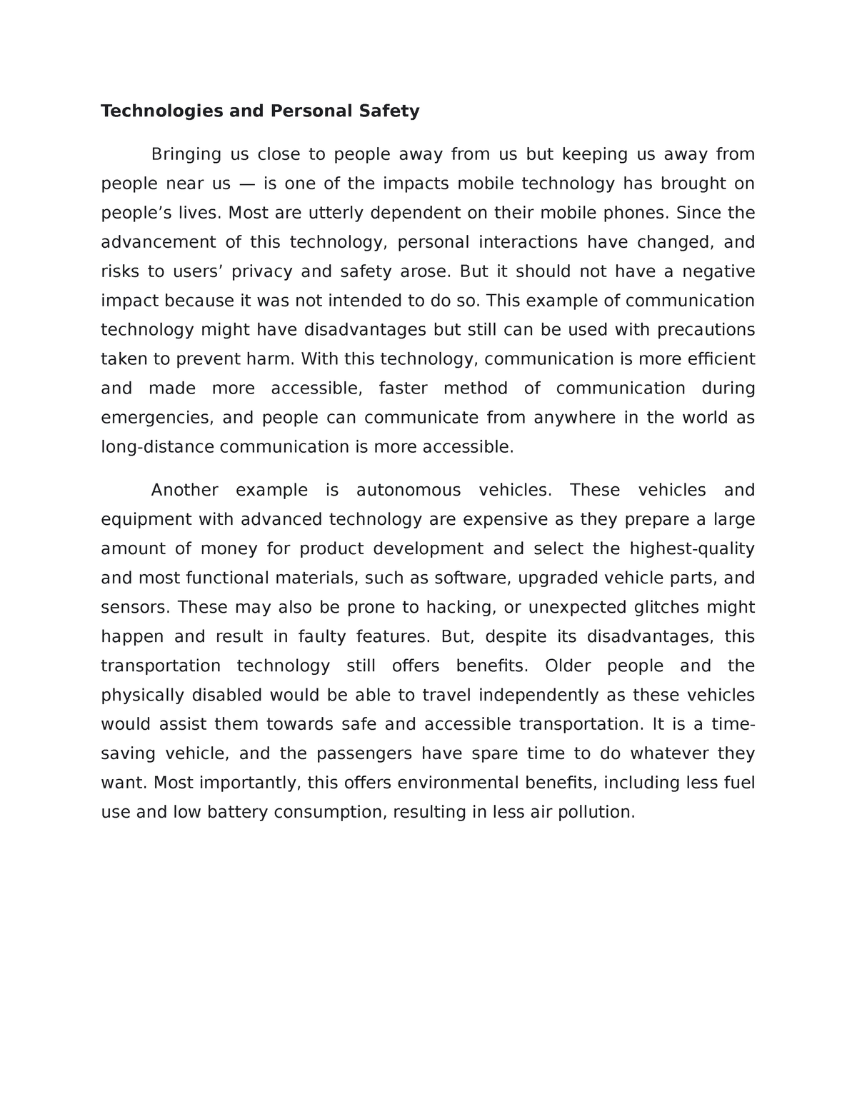 technologies and personal safety essay