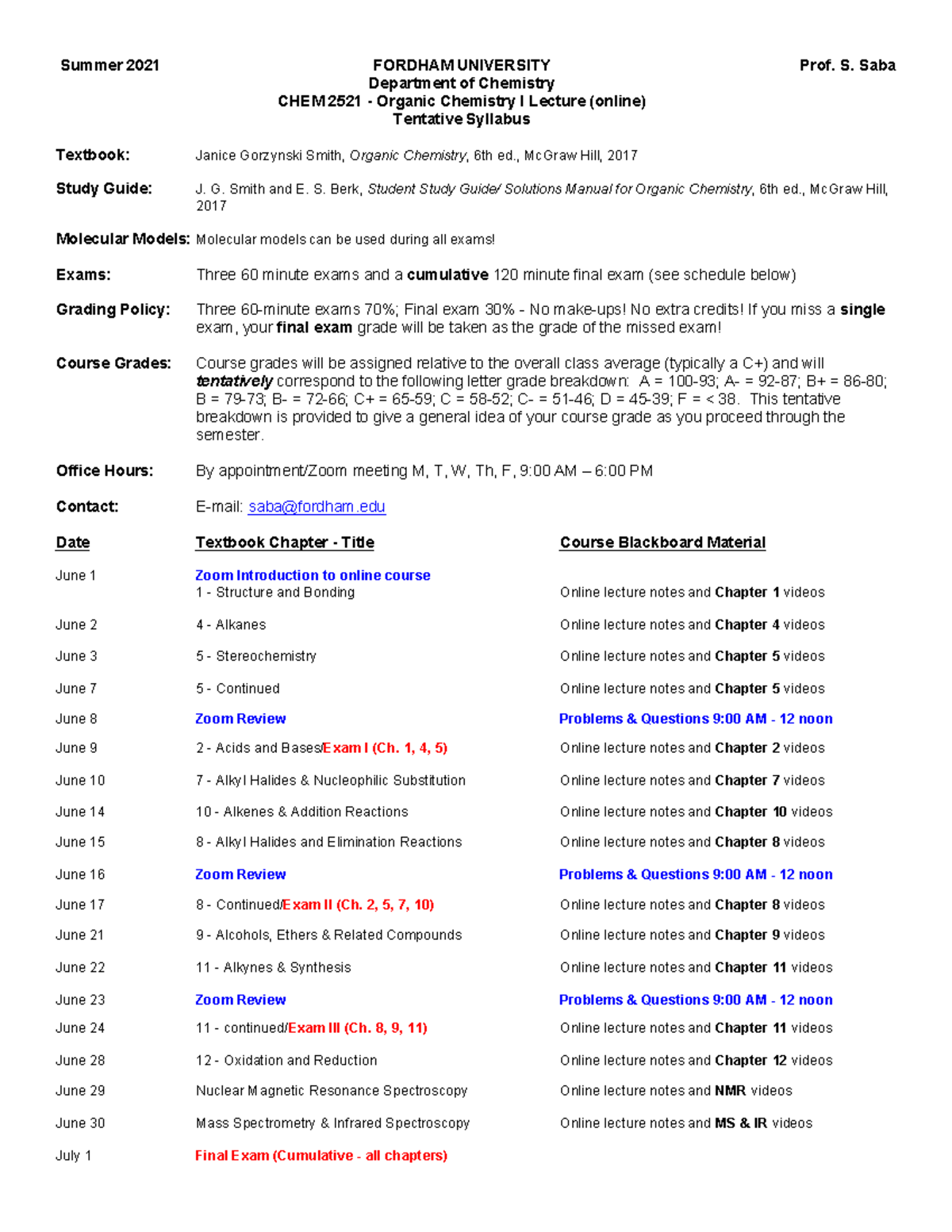 [Syllabus] Summer 2021 Organic Chemistry I Lecture online Summer 2021