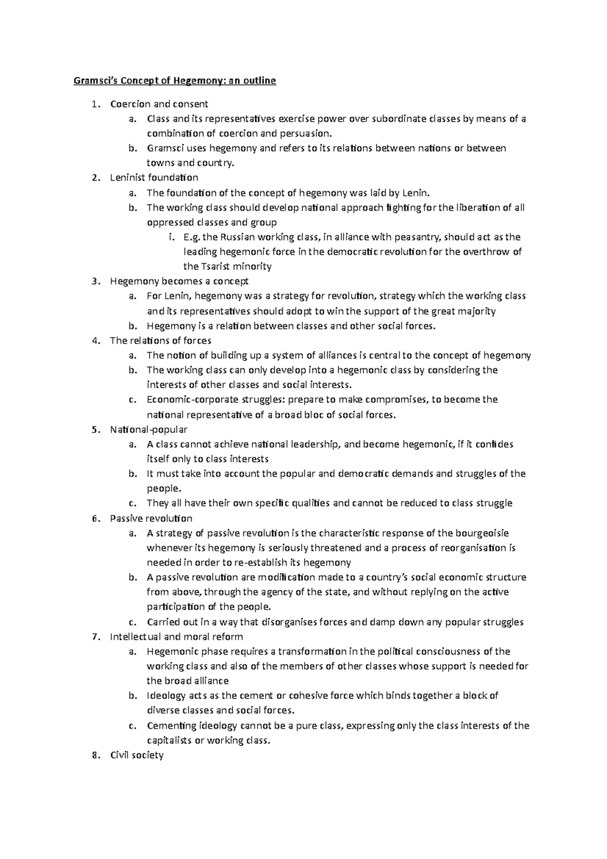 Gramsci Political thoughts notes Gramsci’s Concept of Hegemony an