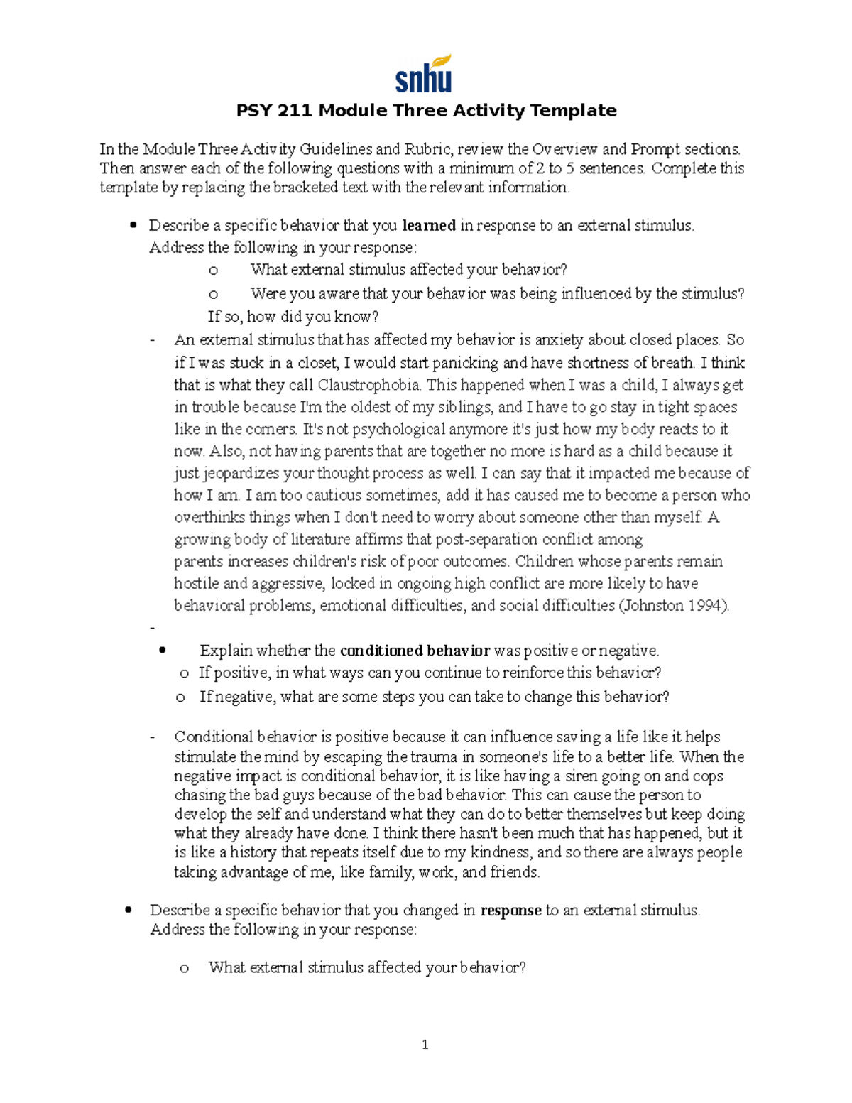 PSY 211 Module 3 Activity Template - PSY 211 Module Three Activity ...