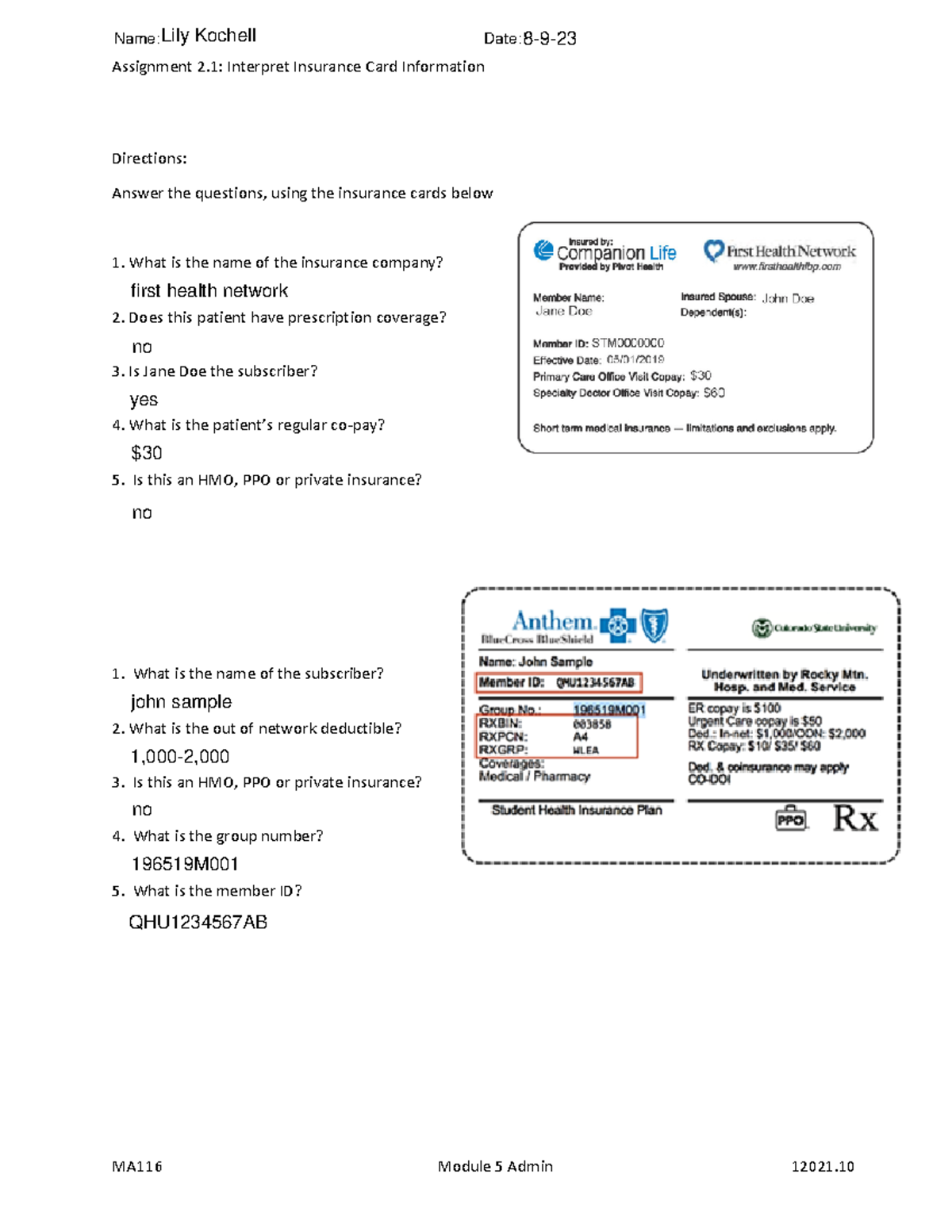 assignment 2.1 interpret insurance card information