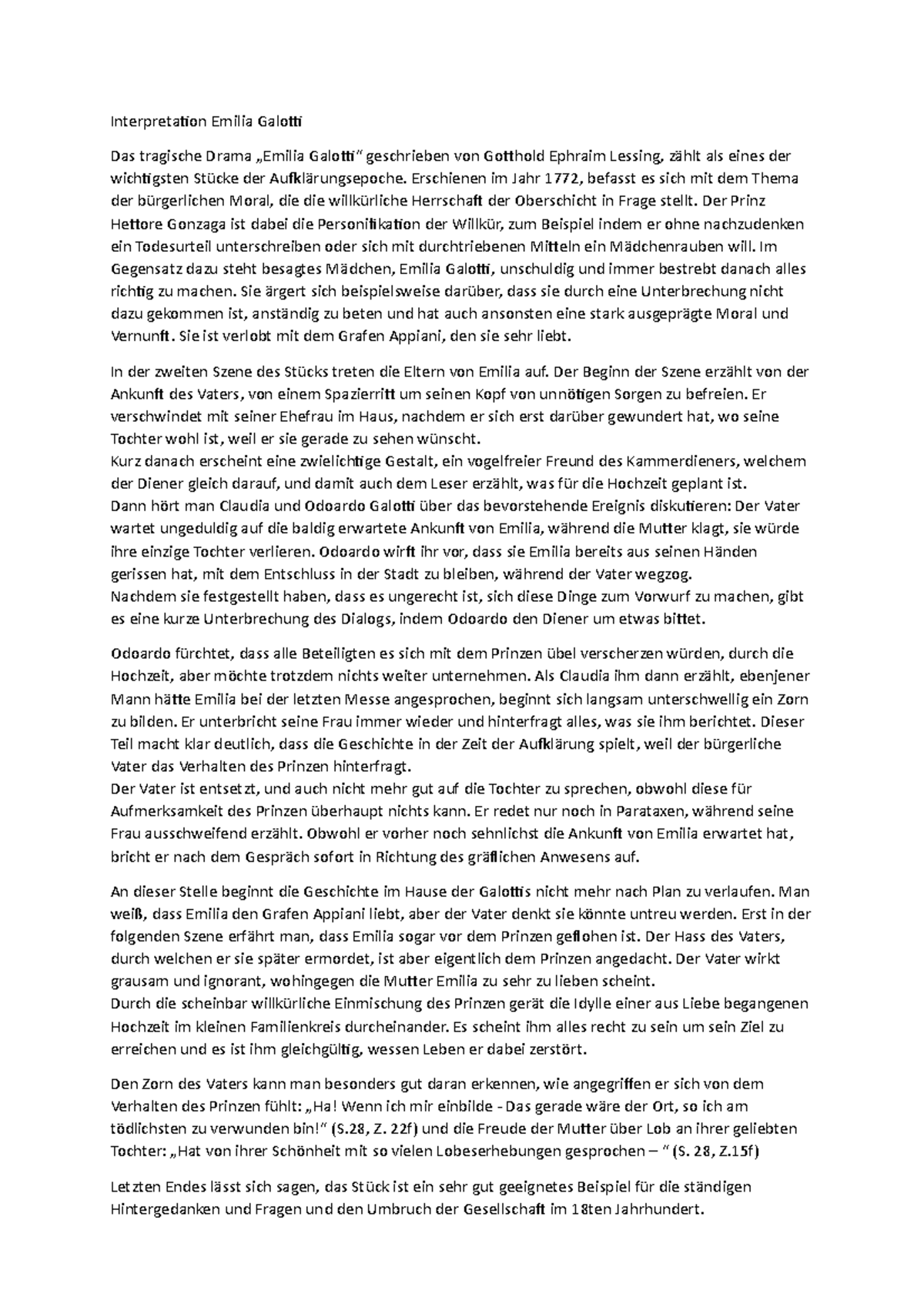 Emilia Galotti Aufzug 2 Auftritt 4 Interpretation Emilia Galotti mit Schwerpunkt Szene 2 - Interpretation