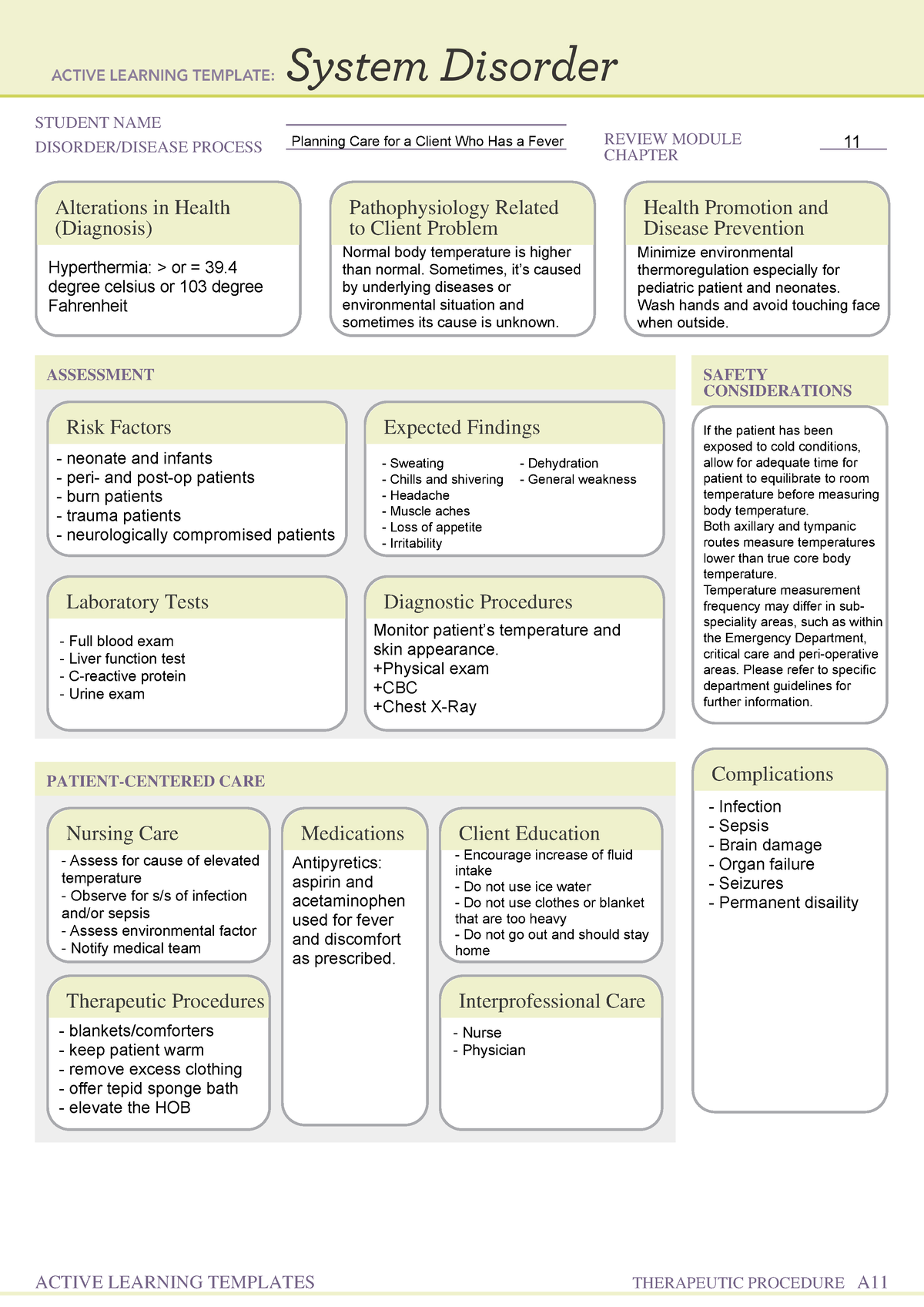 Planning Care for a Client Who Has a Fever - VN 100 - STUDENT NAME ...