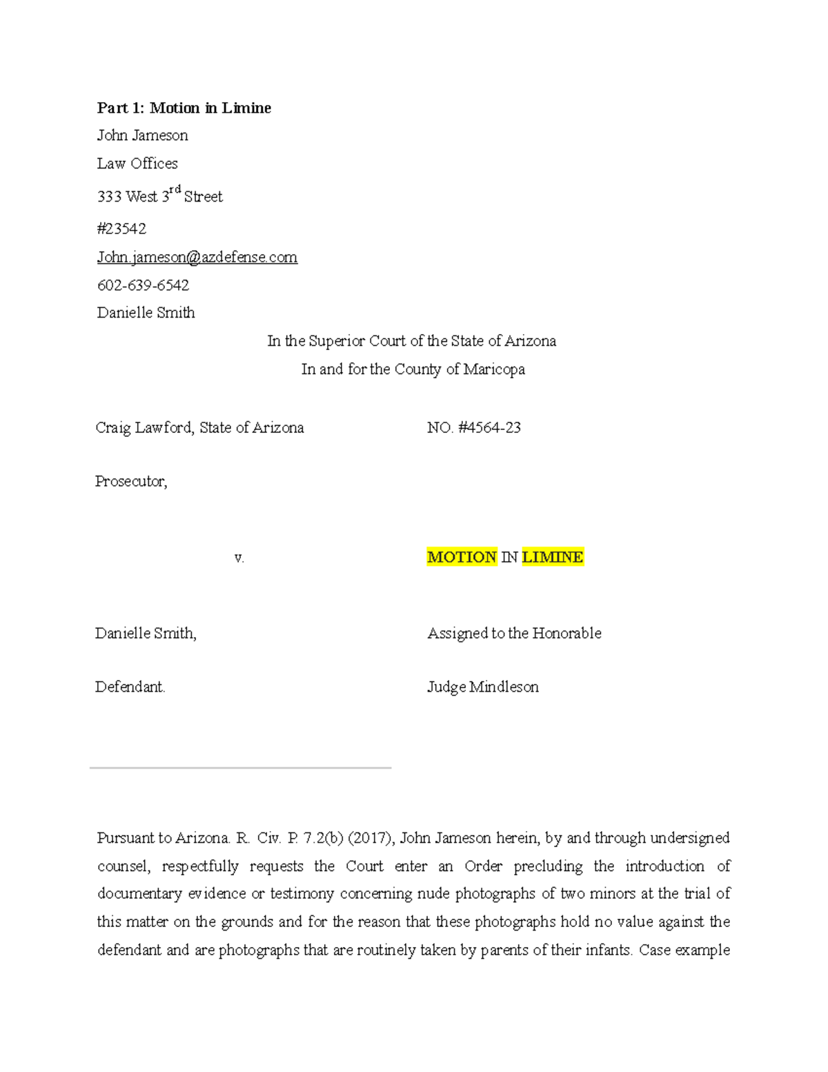 JUS 441 Motion in Limine Part 1 Motion in Limine John Jameson Law