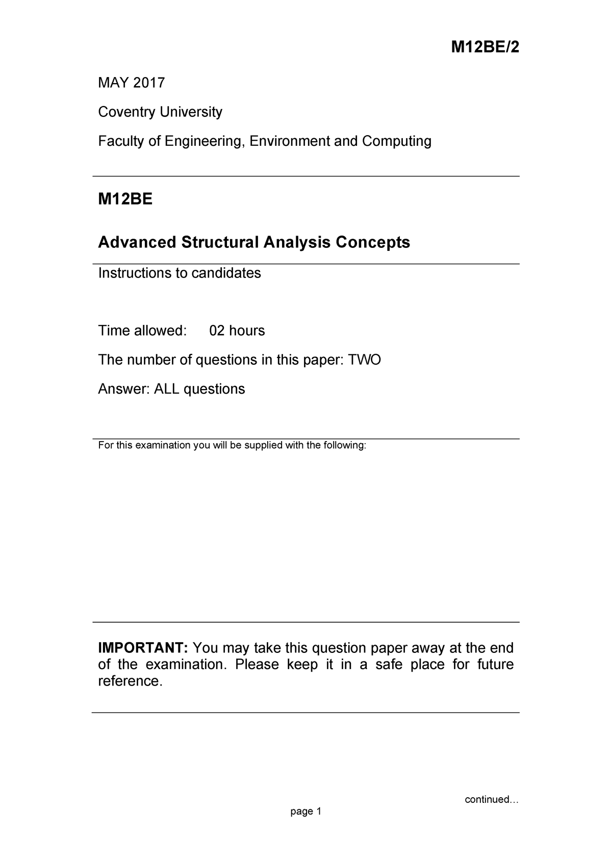 Exam Paper 2017 - M12BE/ Continued... Page 1 MAY 2017 Coventry ...