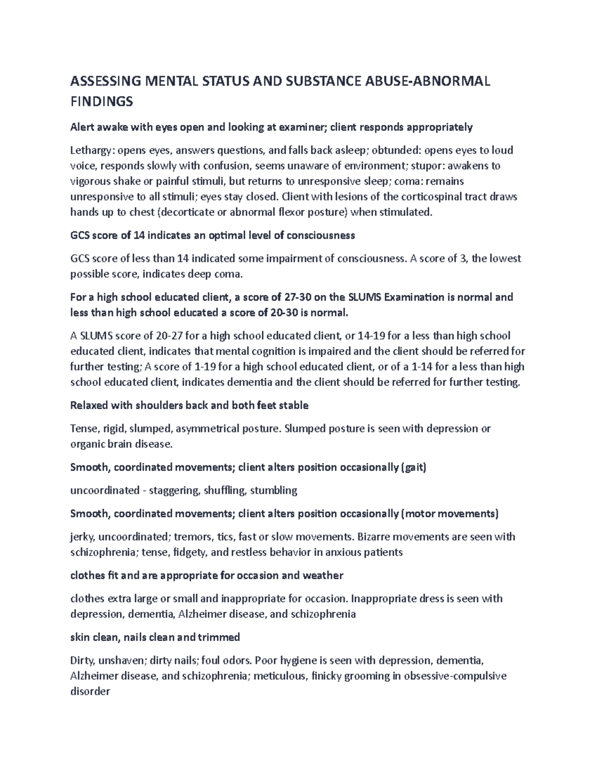 Assessing Mental Status AND Substance Abuse- Abnormal Findings ...