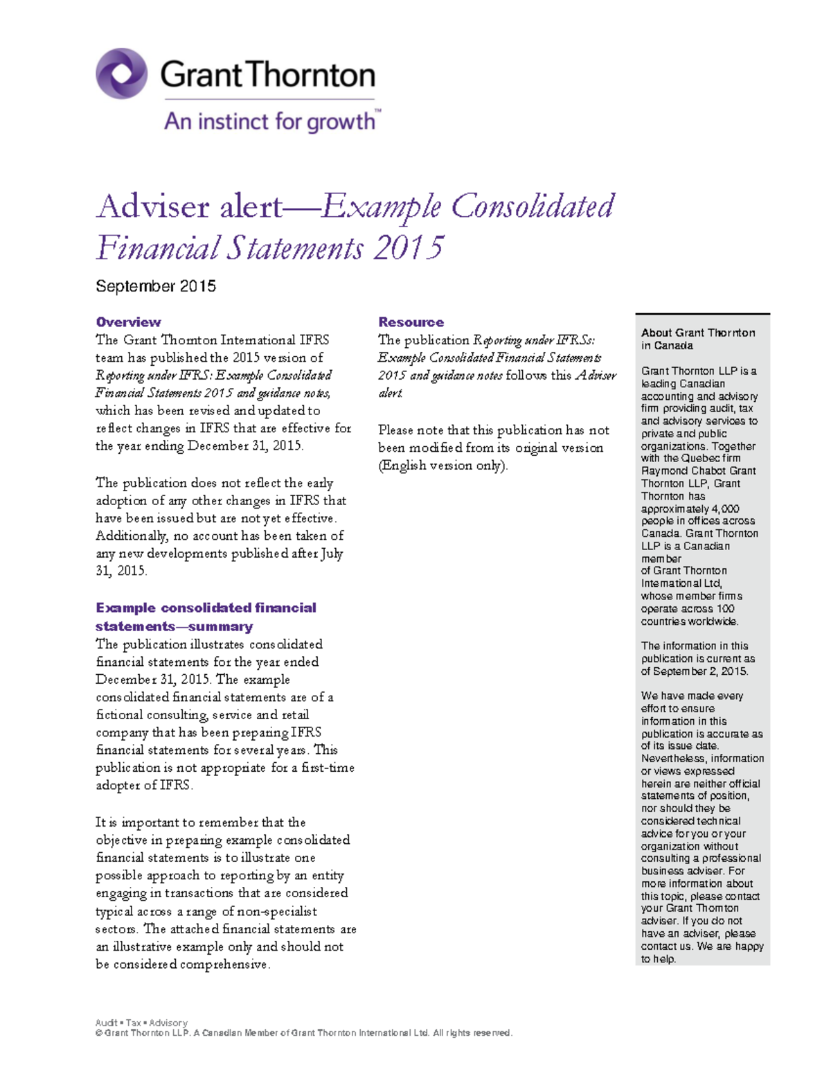 Example Consolidated Financial Statements 2015 - Audit • Tax • Advisory ...