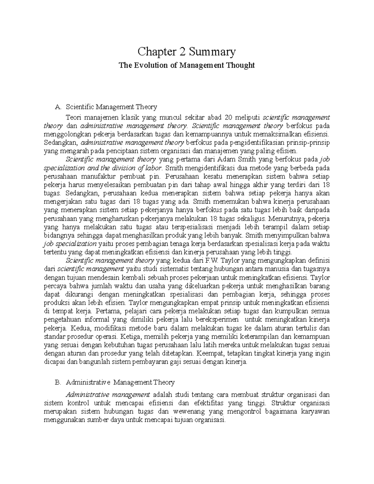 Chapter 2 Summary - Chapter 2 Summary The Evolution of Management ...