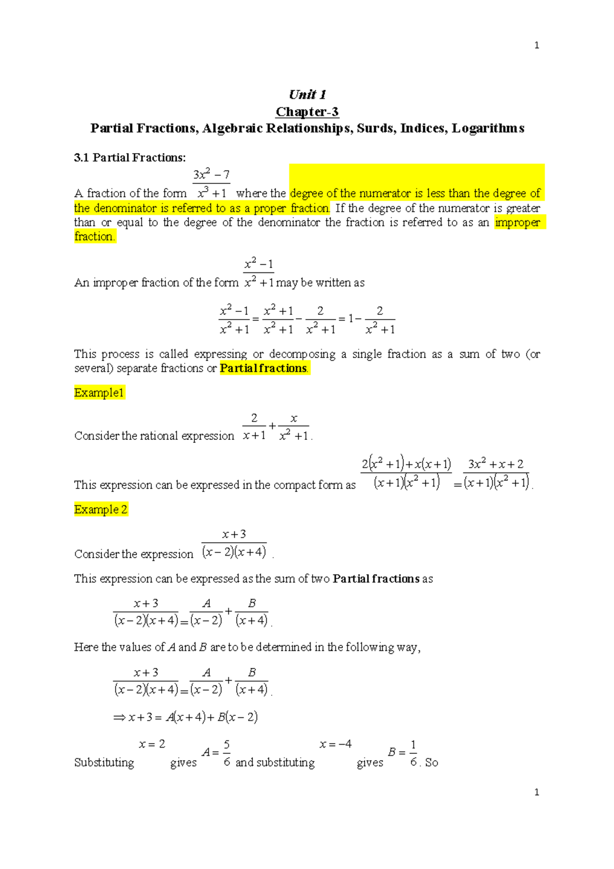 MAT 3 - good - Unit 1 Chapter- 3 Partial Fractions, Algebraic ...