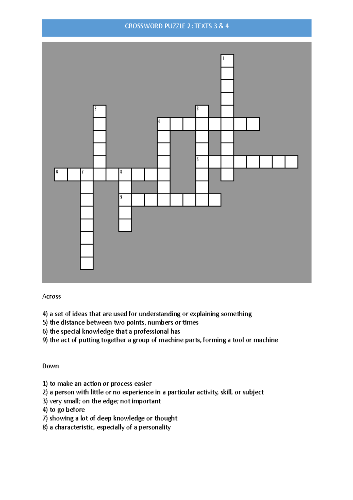 Crossword 2 english exercises 6 7 2 8 9 4 3 5 1 Across a set of ideas