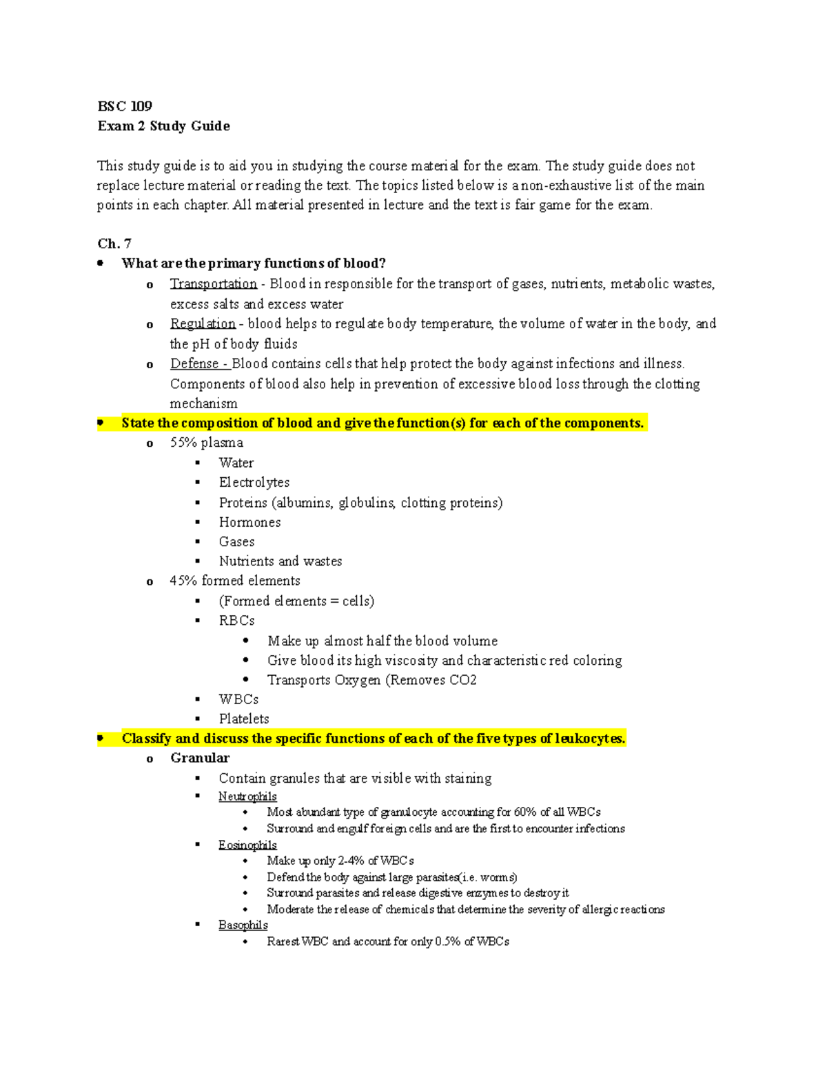 bsc 109 exam 2 study guide - BSC 109 Exam 2 Study Guide This study ...