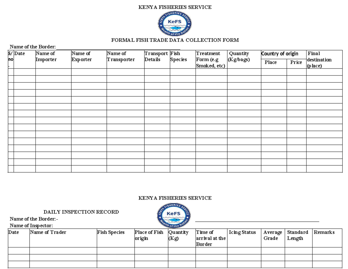 DATA Collection AND Inspection Forms - KENYA FISHERIES SERVICE FORMAL ...