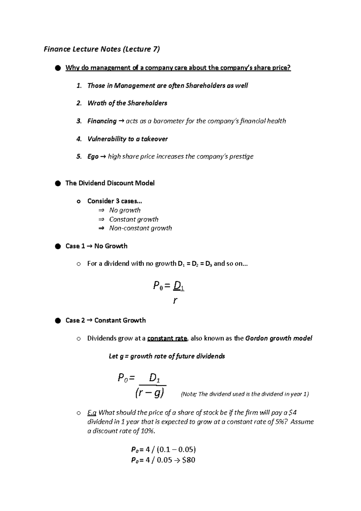 Finance Lecture Notes Lecture 7 No Growth Constant Growth 