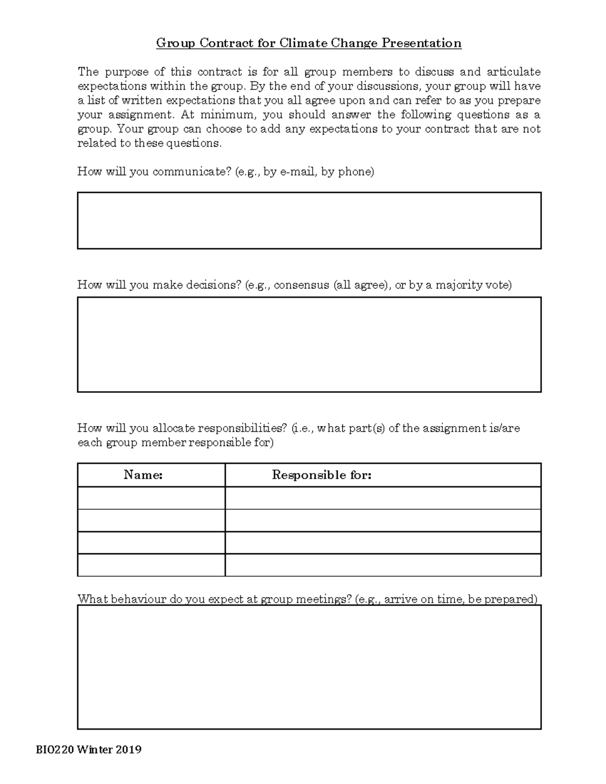 BIO220 Lab - Group Contract Form - Group Contract for Climate Change ...