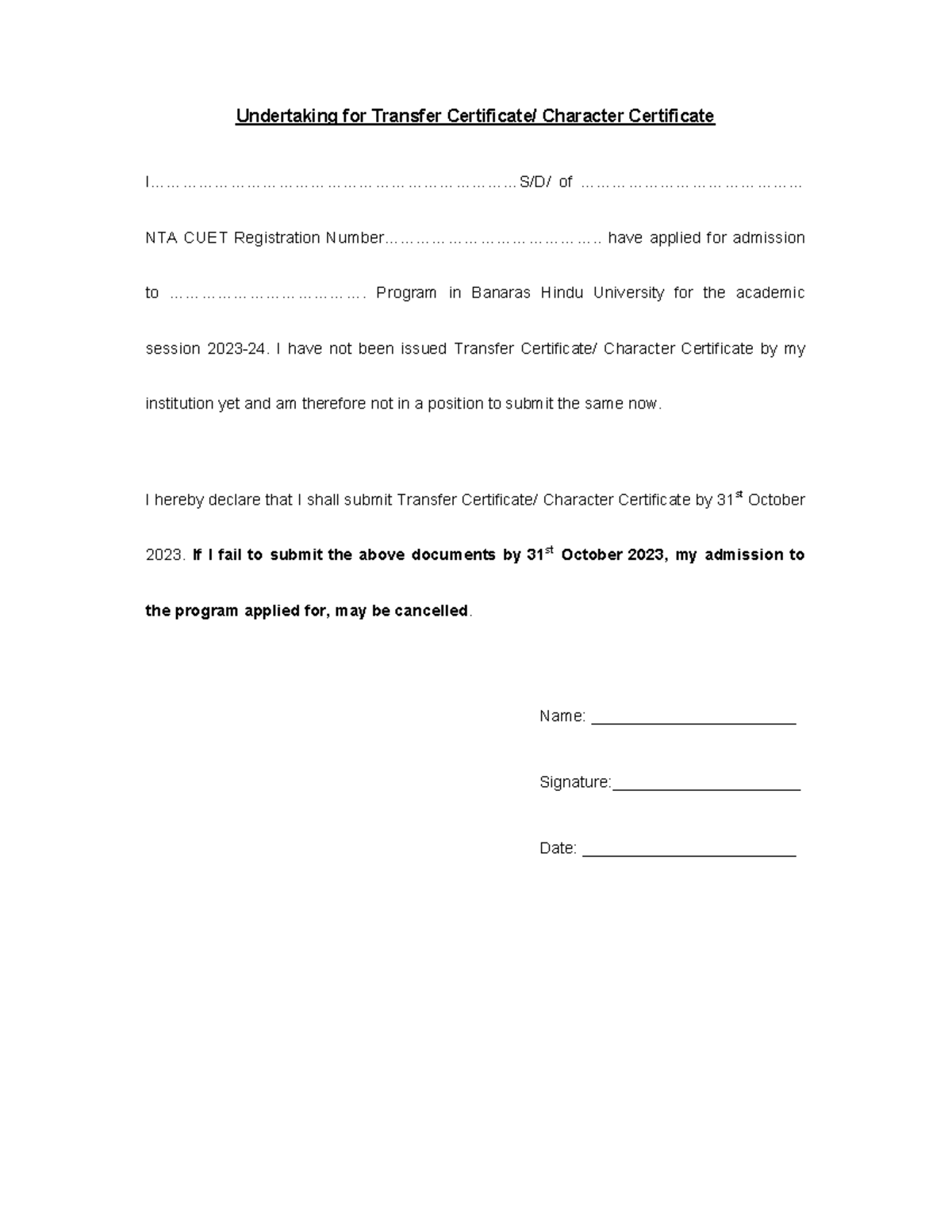BHU1686123358 - Undertaking for Transfer Certificate/ Character ...