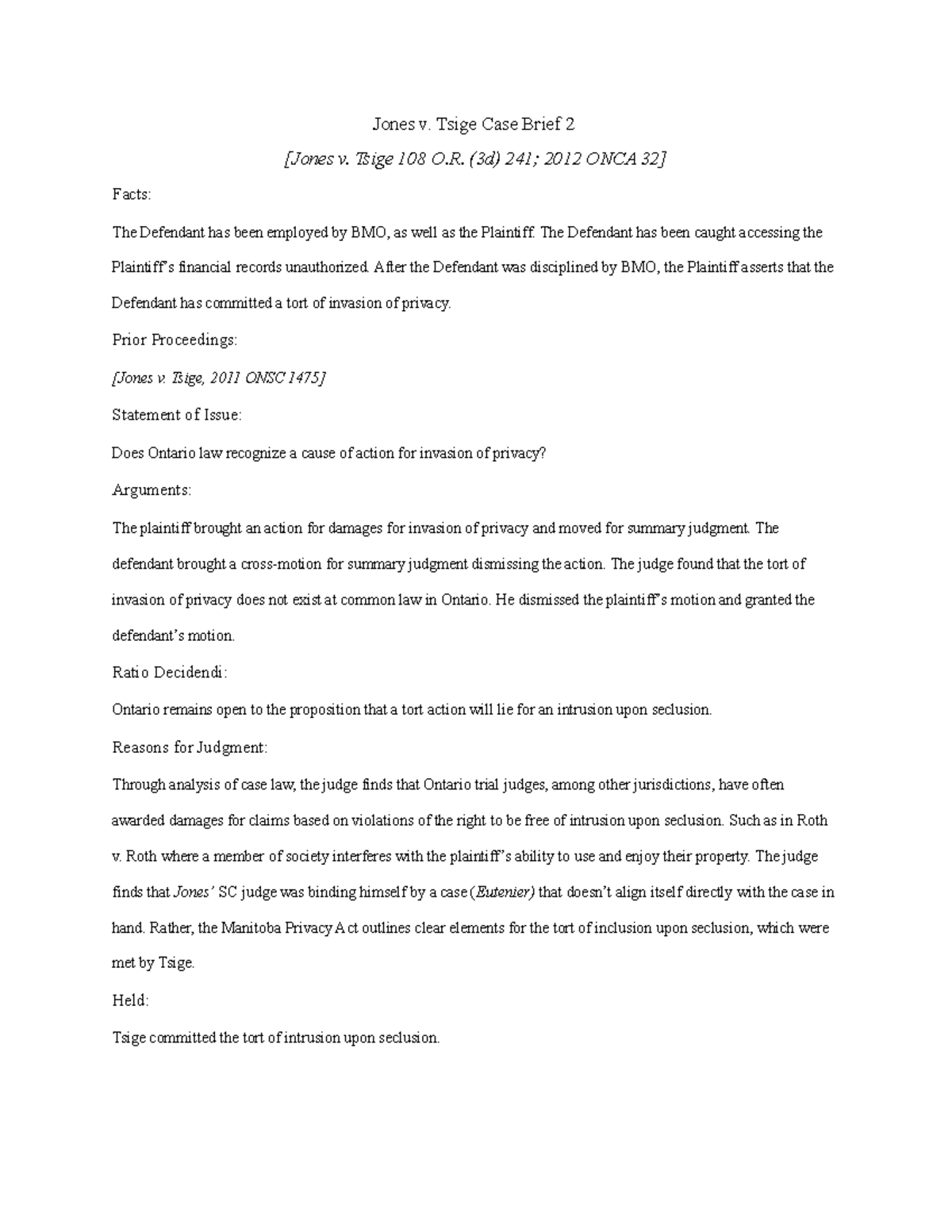 Jones v Tsige case brief 2 Jones v. Tsige Case Brief 2 [Jones v