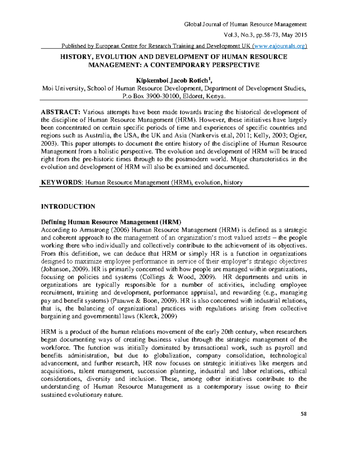 History Evolution and Development of Human Resource Management A