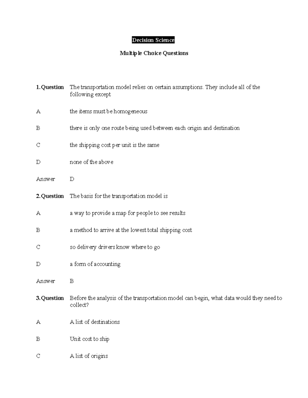 Decision Science MCQ TEST 9 with Answer Decision Science Multiple