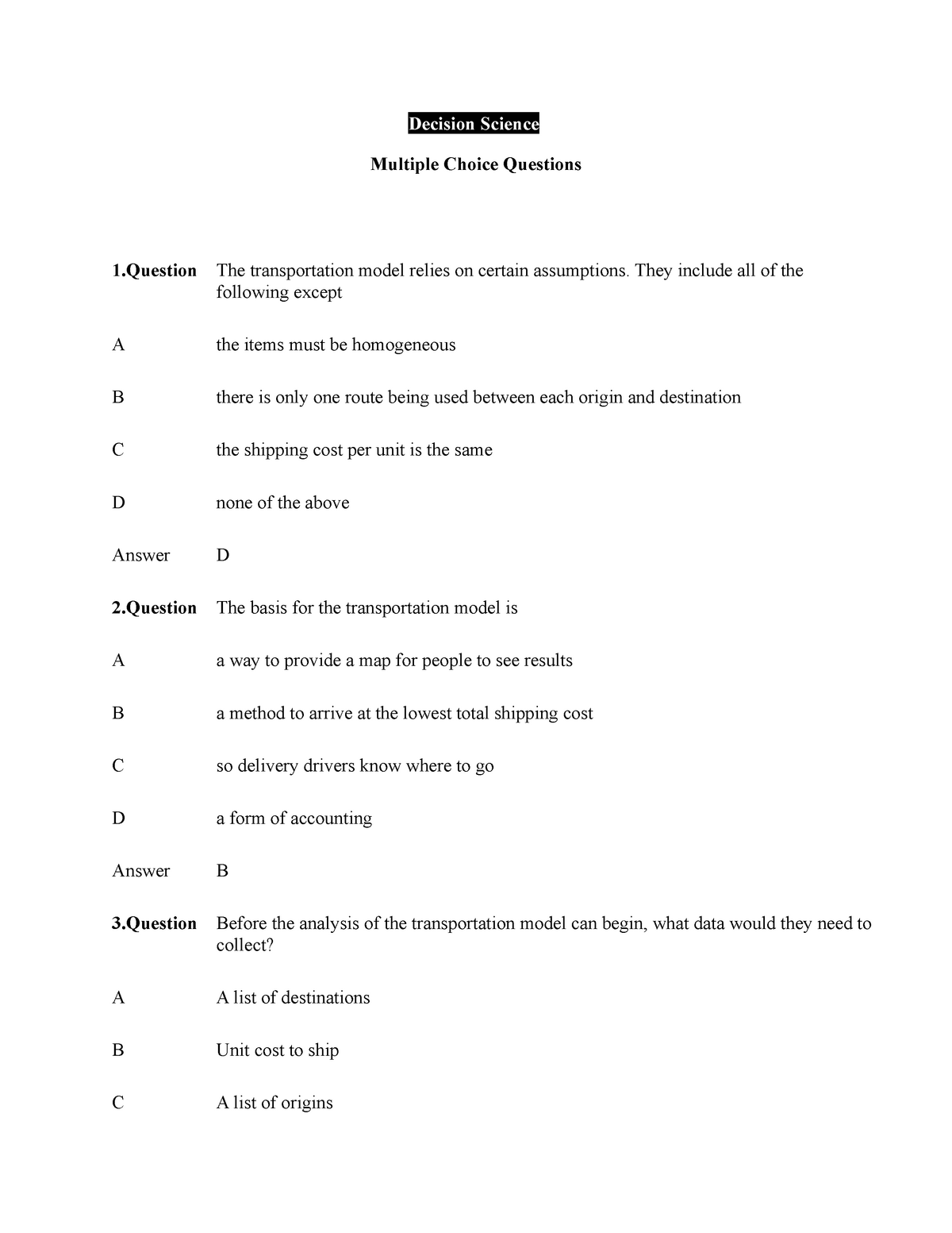 Decision Science MCQ TEST 9 with Answer - Decision Science Multiple ...