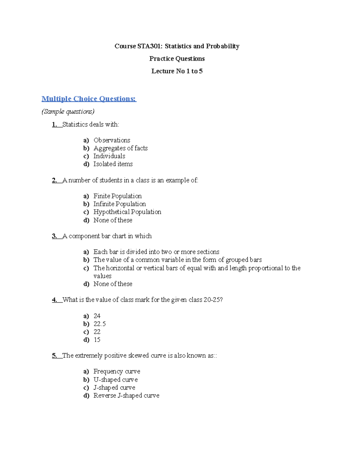 Practice Questions Lecture 01-05 - Course STA301: Statistics And ...