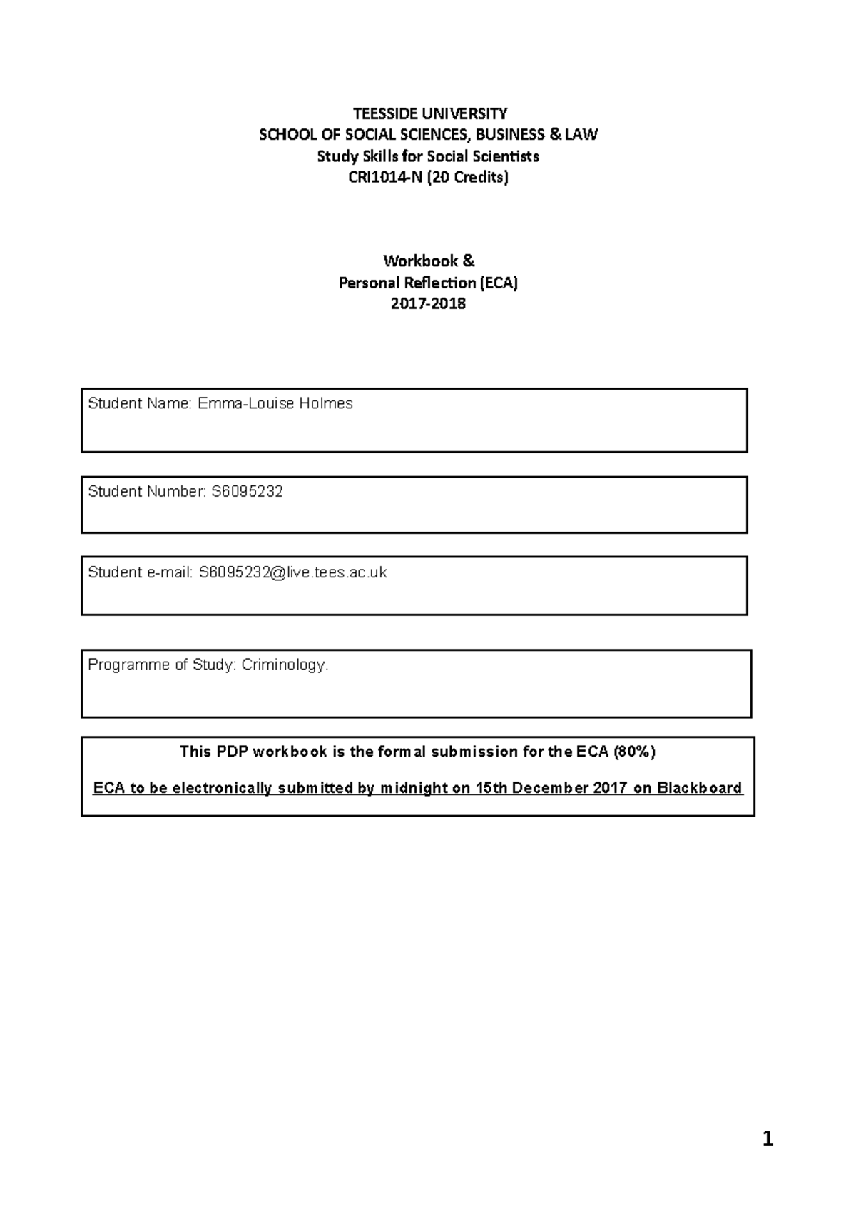 ECA Workbook 201617 Final TEESSIDE UNIVERSITY SCHOOL OF SOCIAL