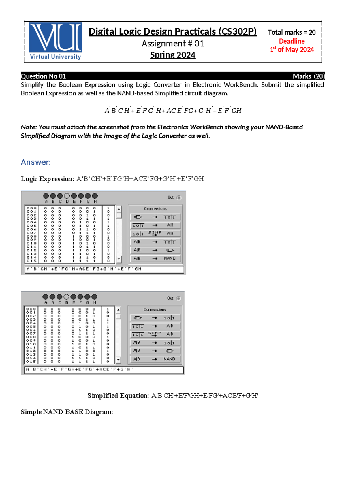 CS302 P - Digital Logic Design Practicals (CS302P) Assignment # 01 ...