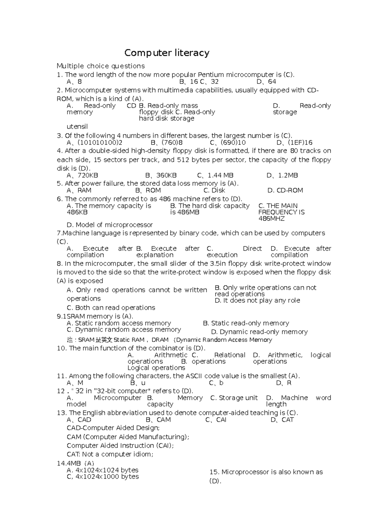 Computer literacy - Computer literacy Multiple choice questions The ...