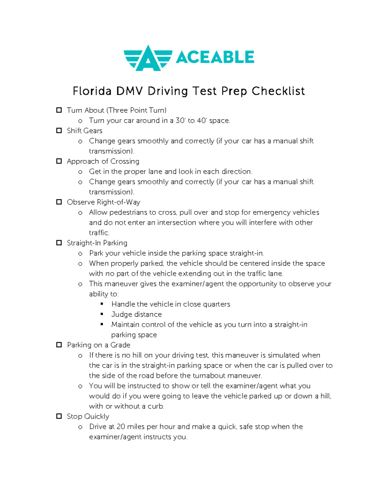 FL DMV Driving Test Prep Checklist Florida DMV Driving Test Prep