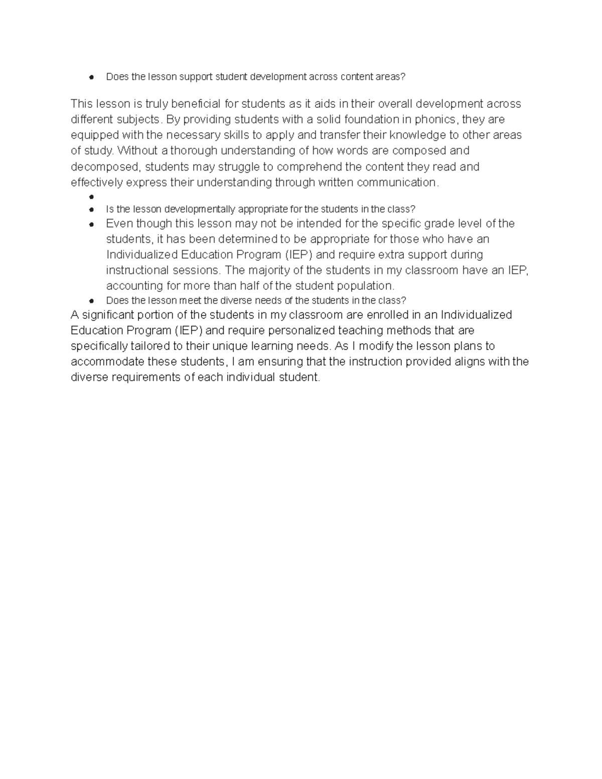 Questions - Does the lesson support student development across content ...