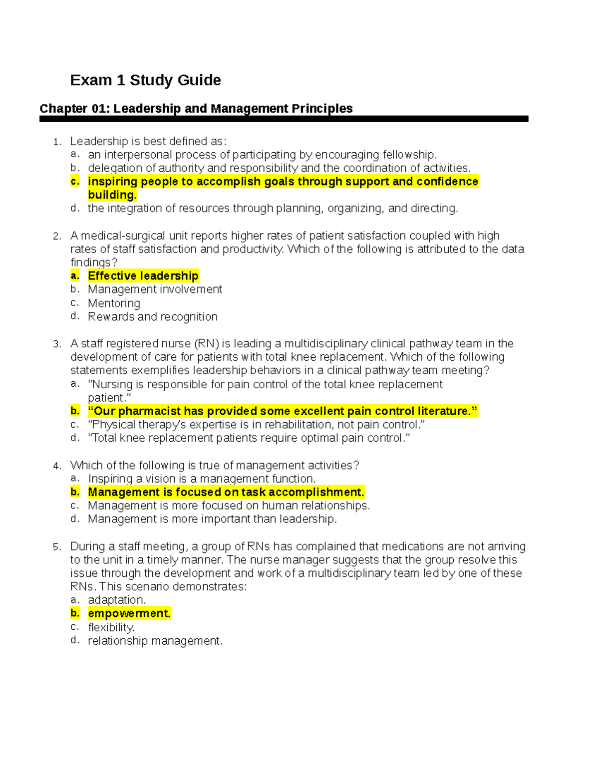 Exam 1 Study Guide Leadership - Exam 1 Study Guide Chapter 01 ...