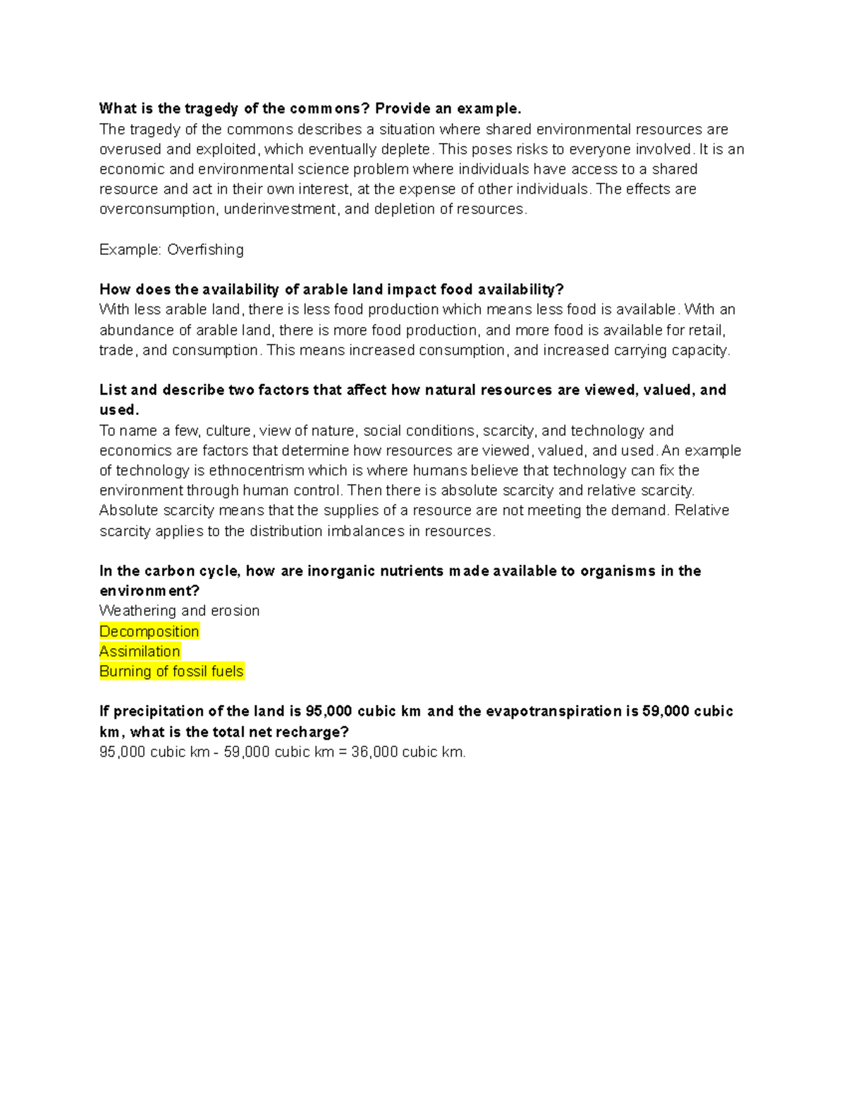 Unfinished Exam 1 Questions - What is the tragedy of the commons ...