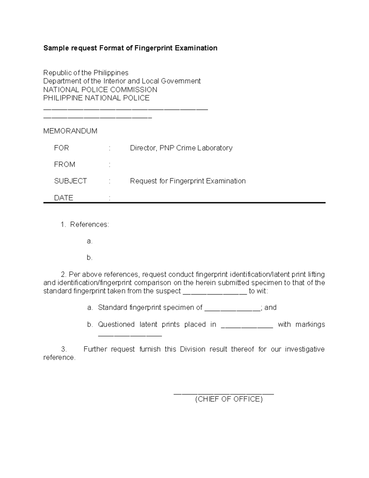 Sample request Format of Fingerprint Examination - References: a. b. 2 ...