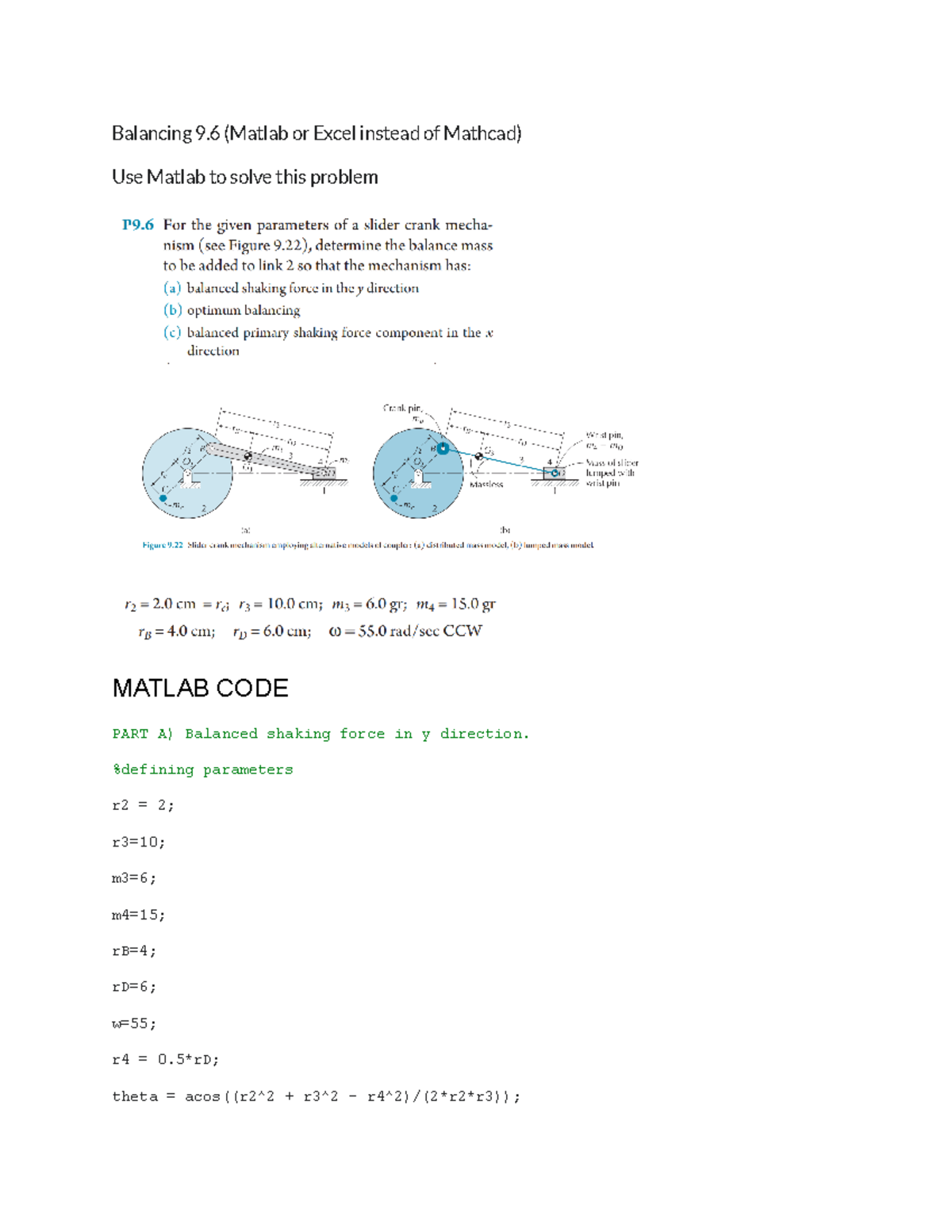 MEC411 Assignment 3 - Balancing 9 (Matlab or Excel instead of Mathcad ...