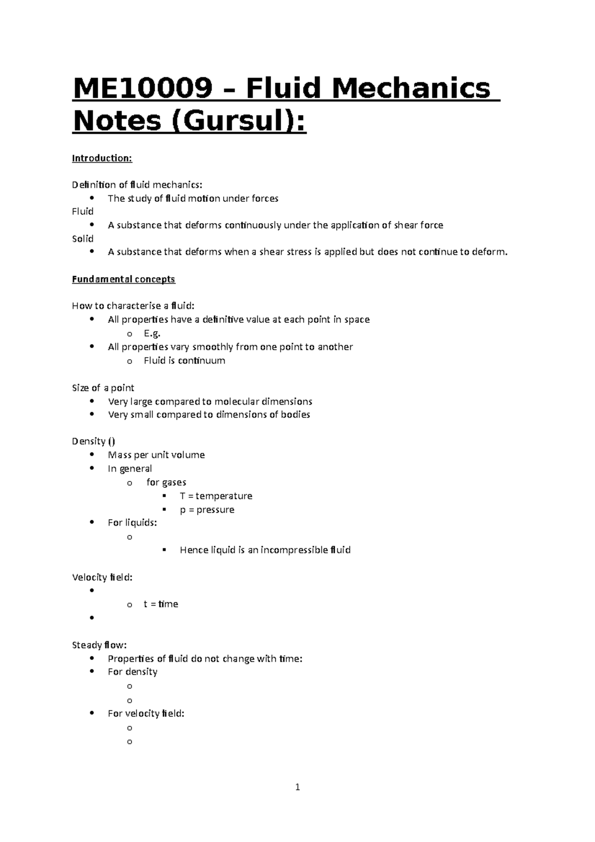 Me10009 Fluid Mechanics Notes Me10009 Fluid Mechanics Notes