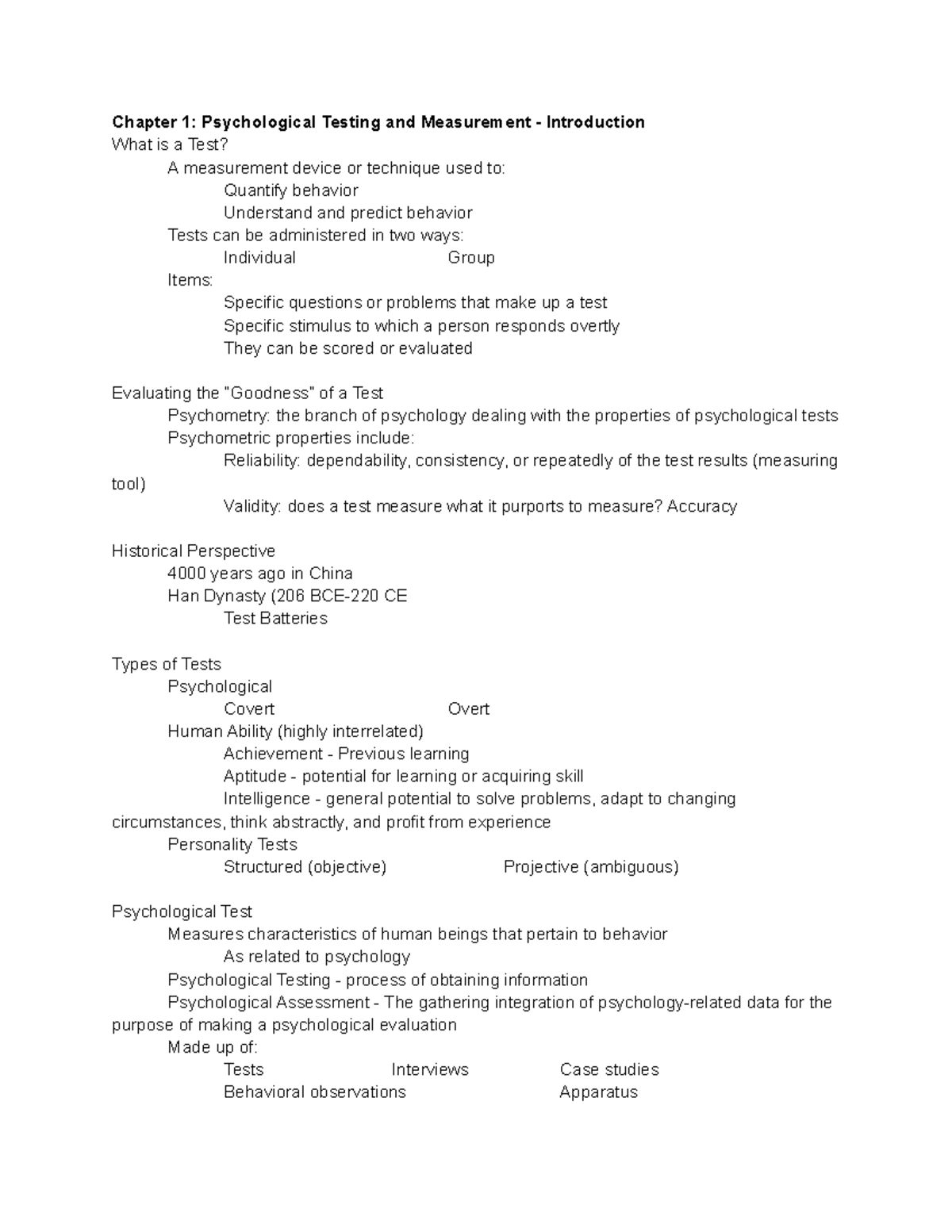 PSYCH 309 Chapter 1 Notes - Chapter 1: Psychological Testing and ...