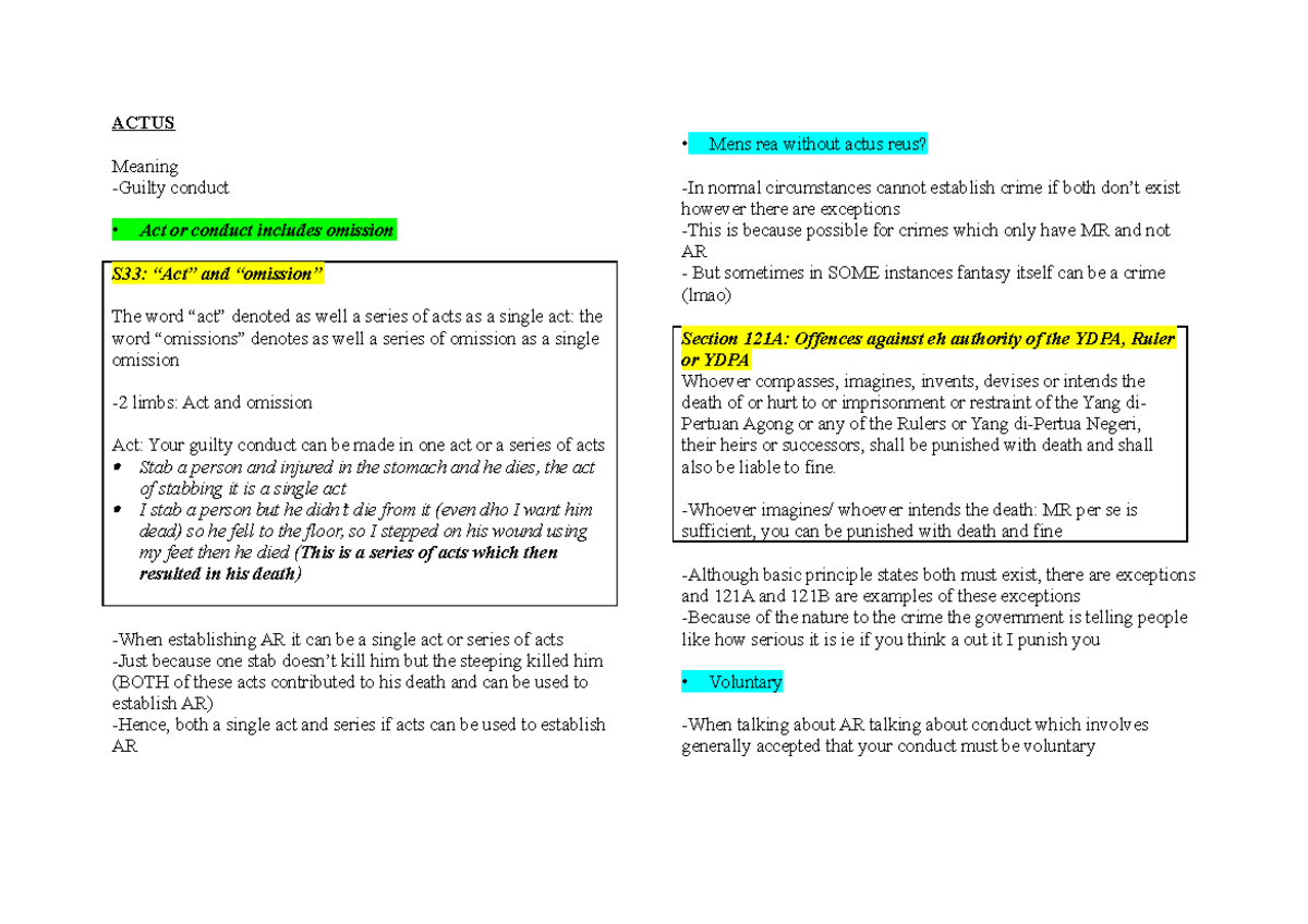 Actus MISC Notes ACTUS Meaning Guilty Conduct Act Or Conduct Includes Omission S33 Act 