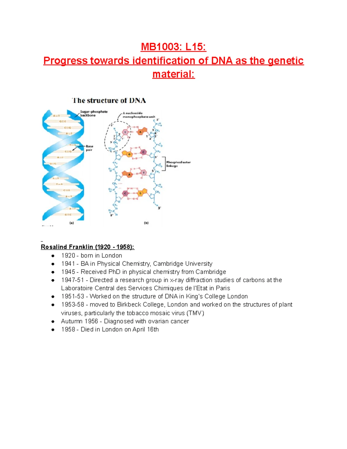 MB1003 L15 - lecture notes - MB1003: L15: Progress towards ...