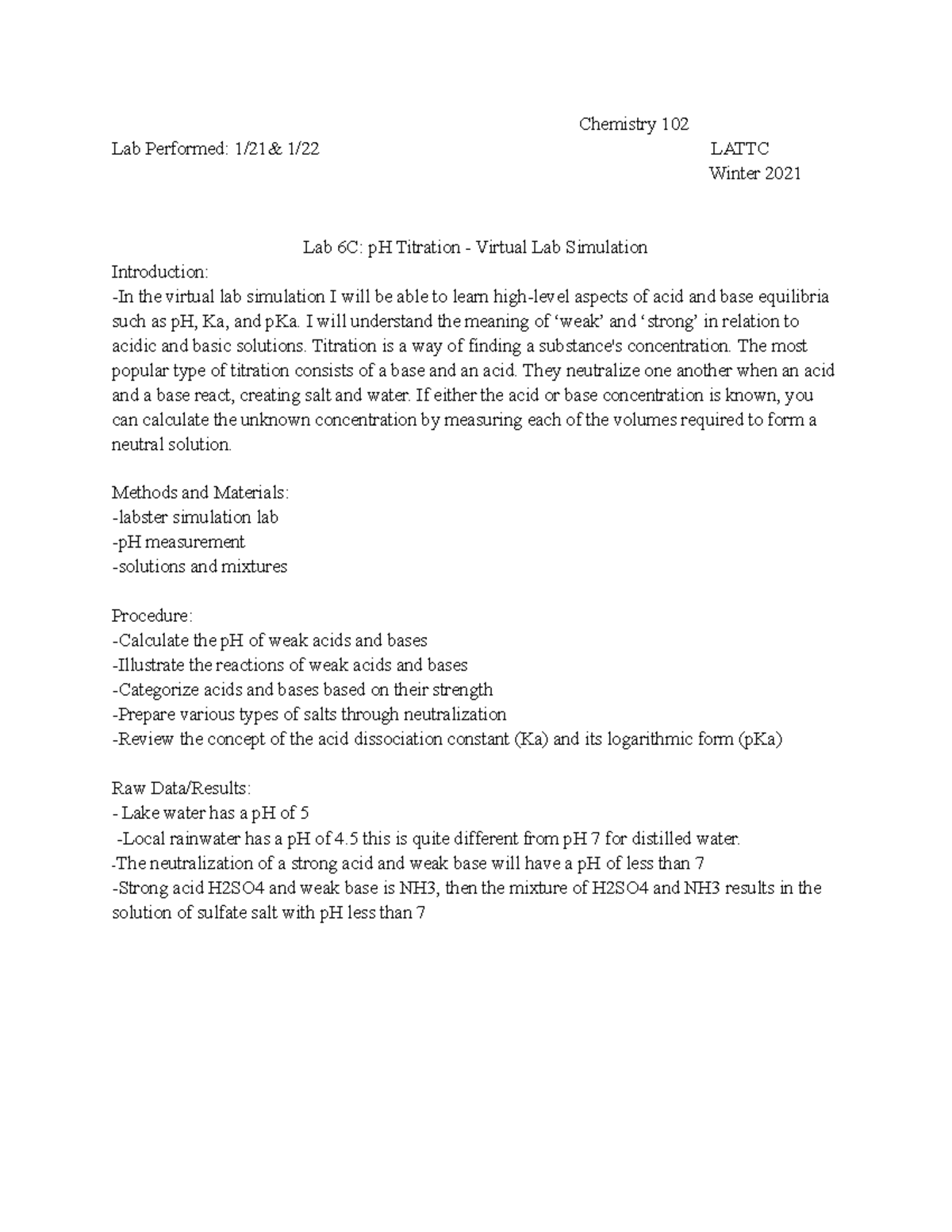 Chem 102 Lab 6C p H Titration - Virtual Lab Simulation - Chemistry 102 ...