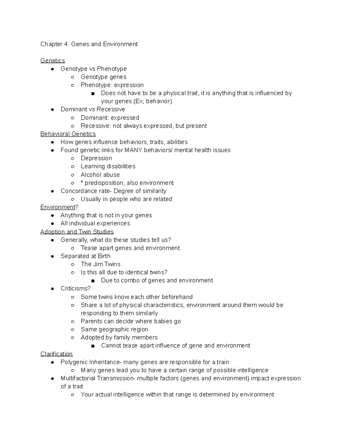 9 20 Lecture Notes-Exam 1 - Chapter 4: Genes and Environment Genetics ...