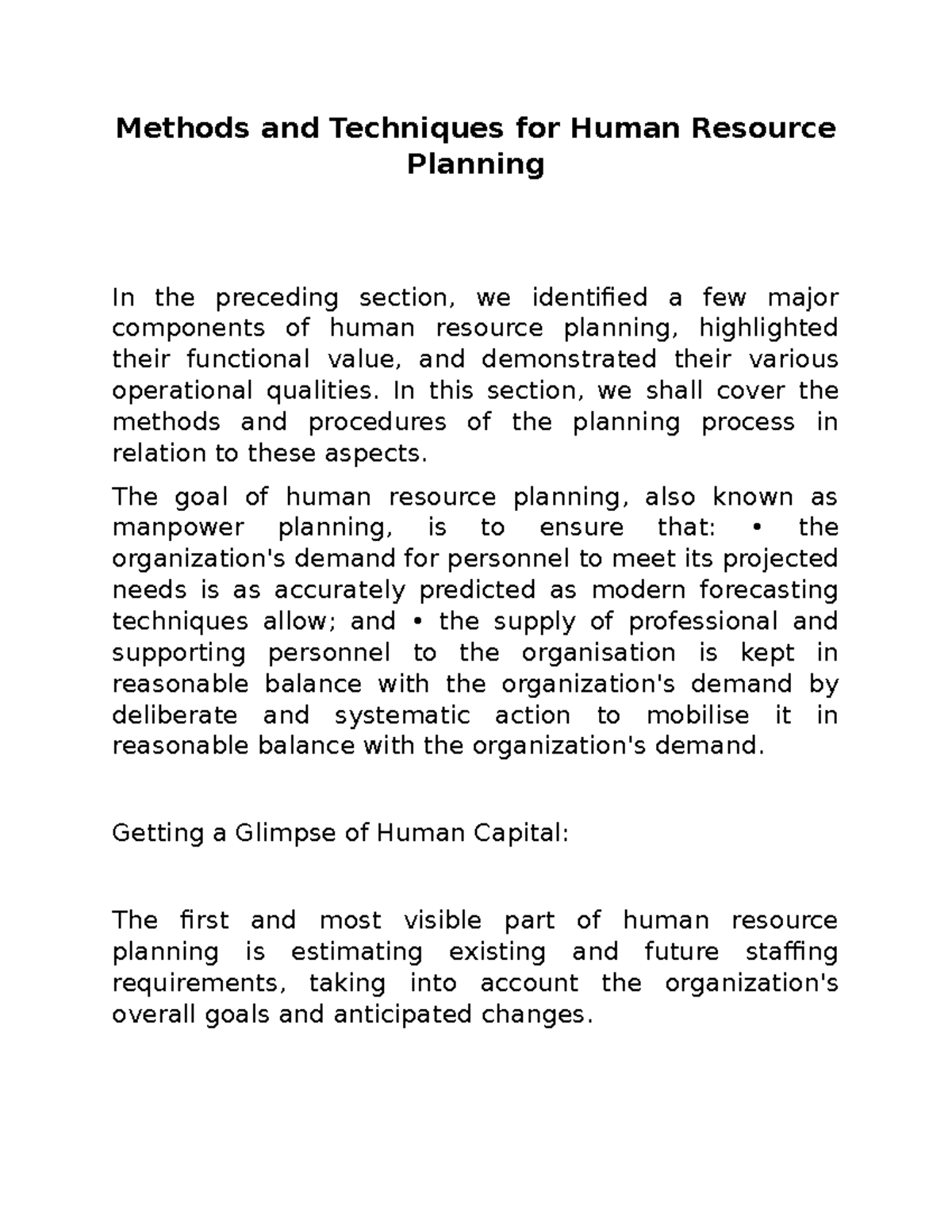 Methods And Techniques For Human Resource Planning In This Section