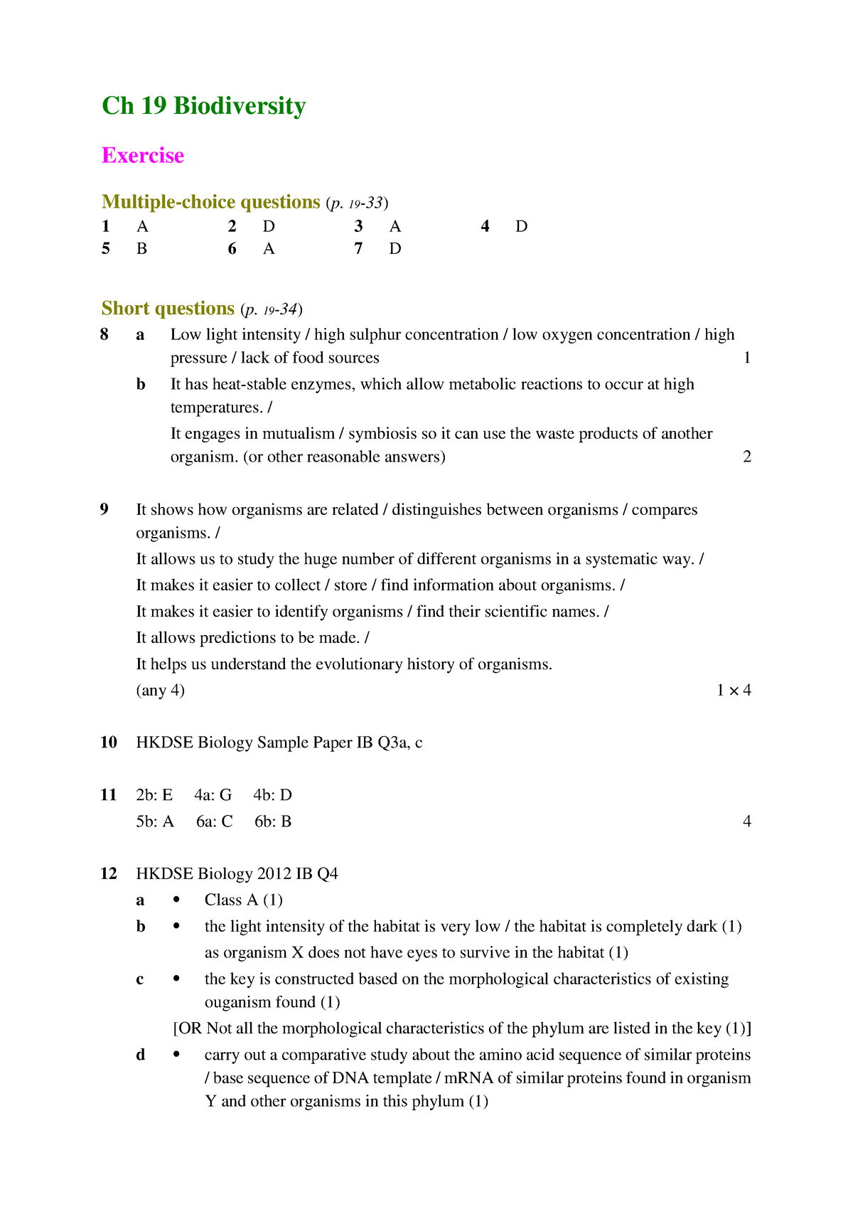 Ch19Textbook Answer - Ch 19 Biodiversity Exercise Multiple-choice ...