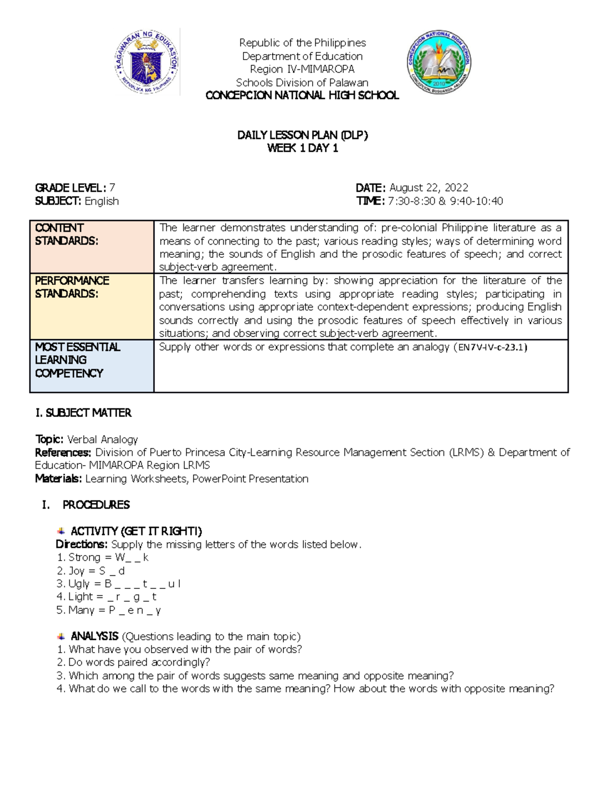 Week 1 DAY 1 - The lesson plan is in 4A's type (Activity, Analysis ...