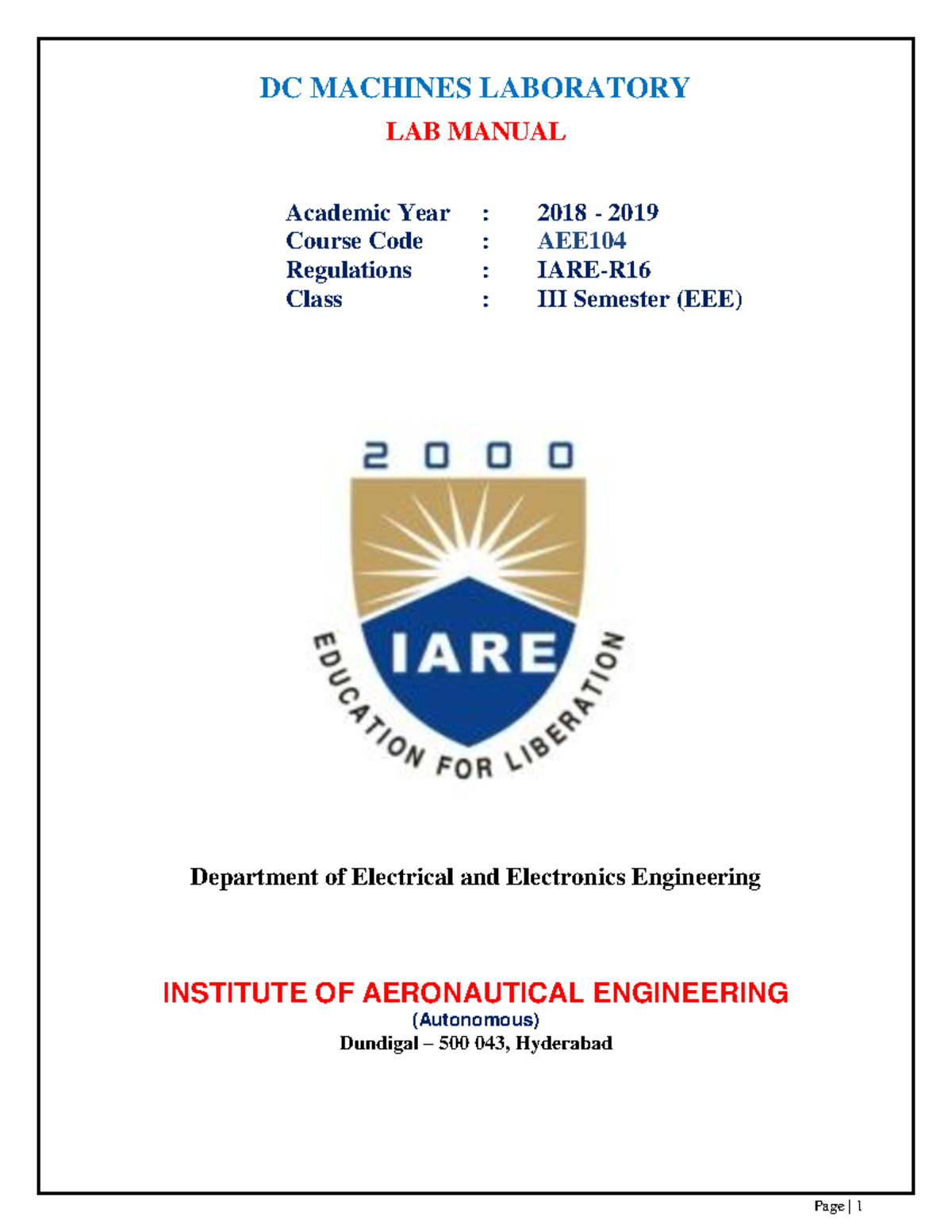 DC Machines Lab Manual DC MACHINES LABORATORY LAB MANUAL Academic