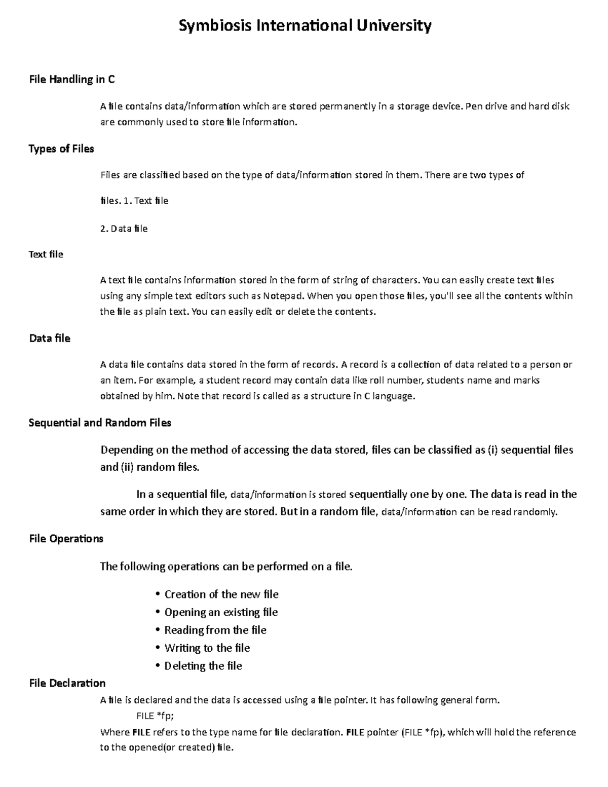 File Handling in C - Symbiosis International University File Handling ...