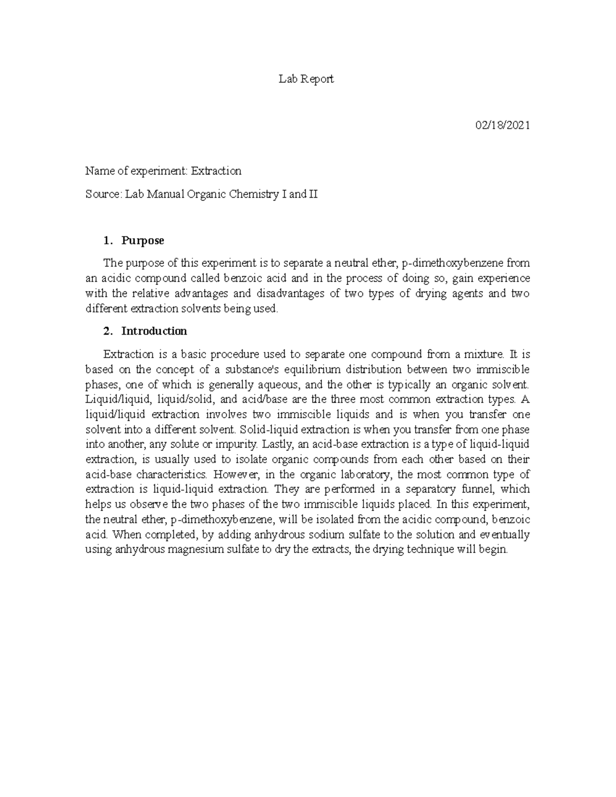 Lab Report Extraction Lab Report 02/18/ Name of experiment