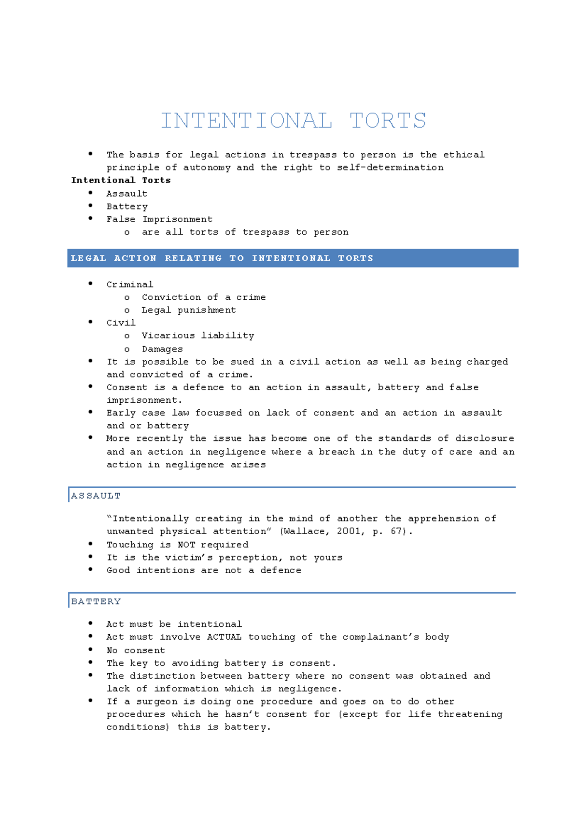 Lecture notes, lecture Intentional Torts - INTENTIONAL TORTS The basis ...