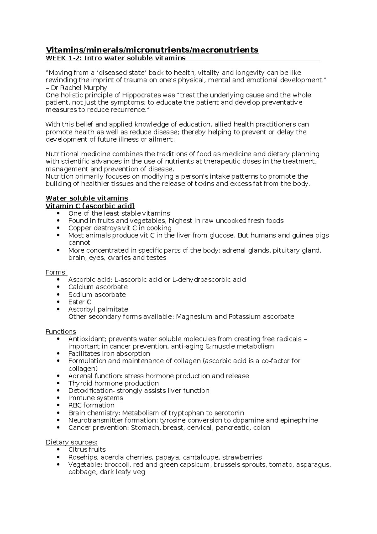 Clinical nutrition summary notes - Vitamins/minerals/micronutrients ...