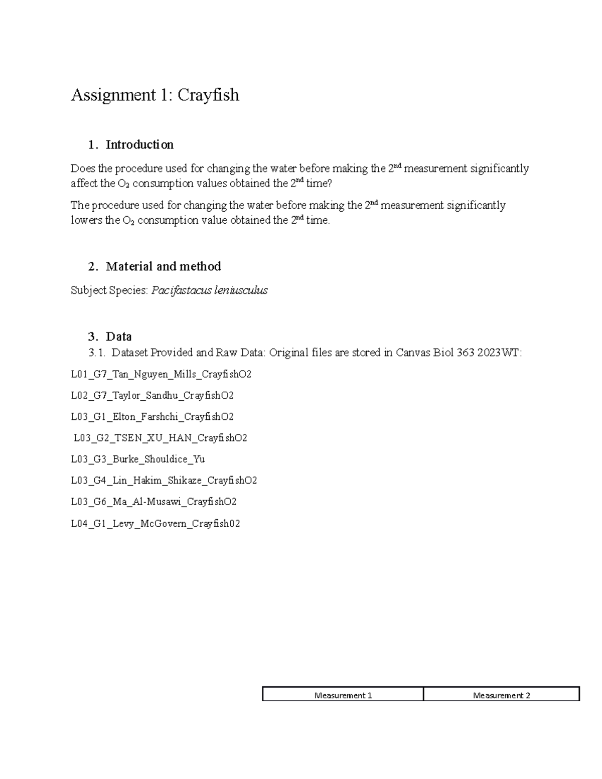 Assignment 1 draft - with answers - Assignment 1: Crayfish 1 ...