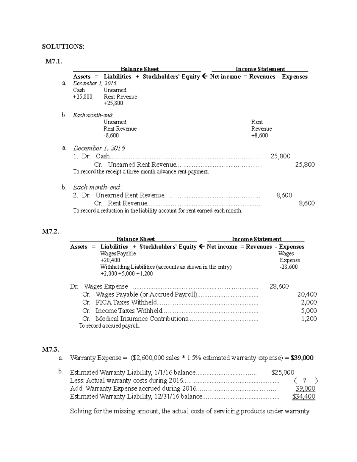 Solutions Chap 7 - SOLUTIONS: M7. A. B. A. B. Balance Sheet Income ...